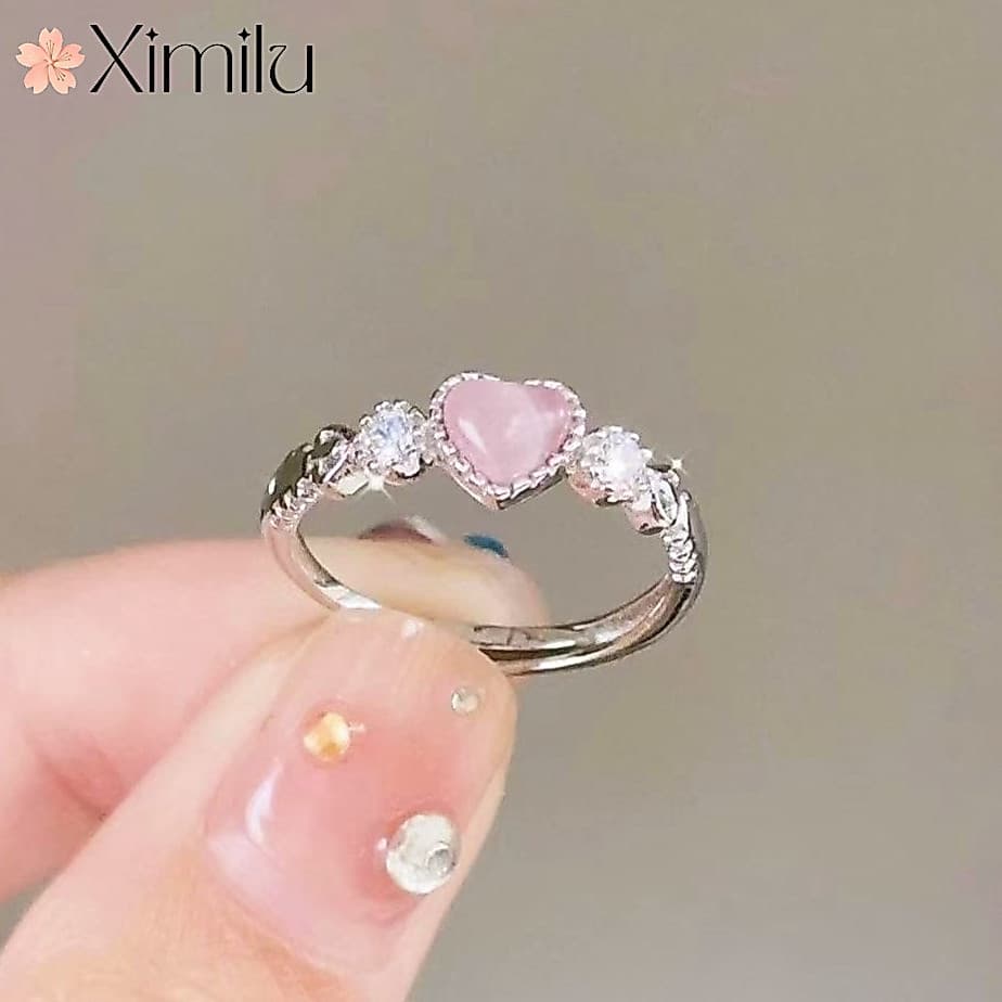 Anel original em formato de coração de opala rosa, adequado para mulheres, com um design doce e bonito, é um acessó