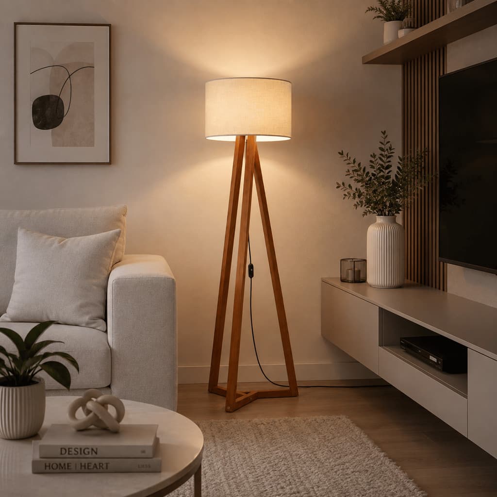 Luminaria Abajur de Chão em Madeira Cupula Tecido Para Sala Quarto Escritório Moderno Dercorativo