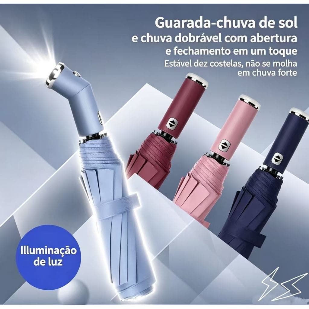 Guarda-Chuva Automático Sombrinha Grande Dobrável com Lanterna LED, Forro Blackout Reforçado Anti-UV Proteção Solar