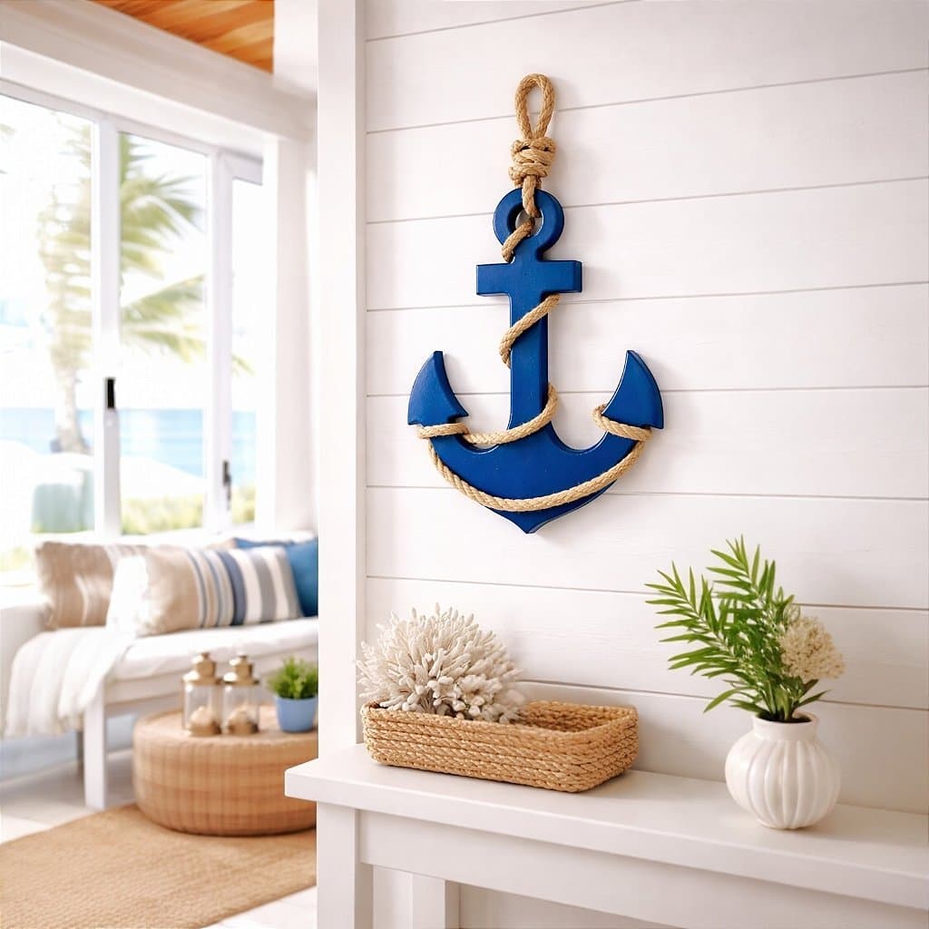Enfeite Âncora Azul 30 cm com corda Decoração Náutica Praia