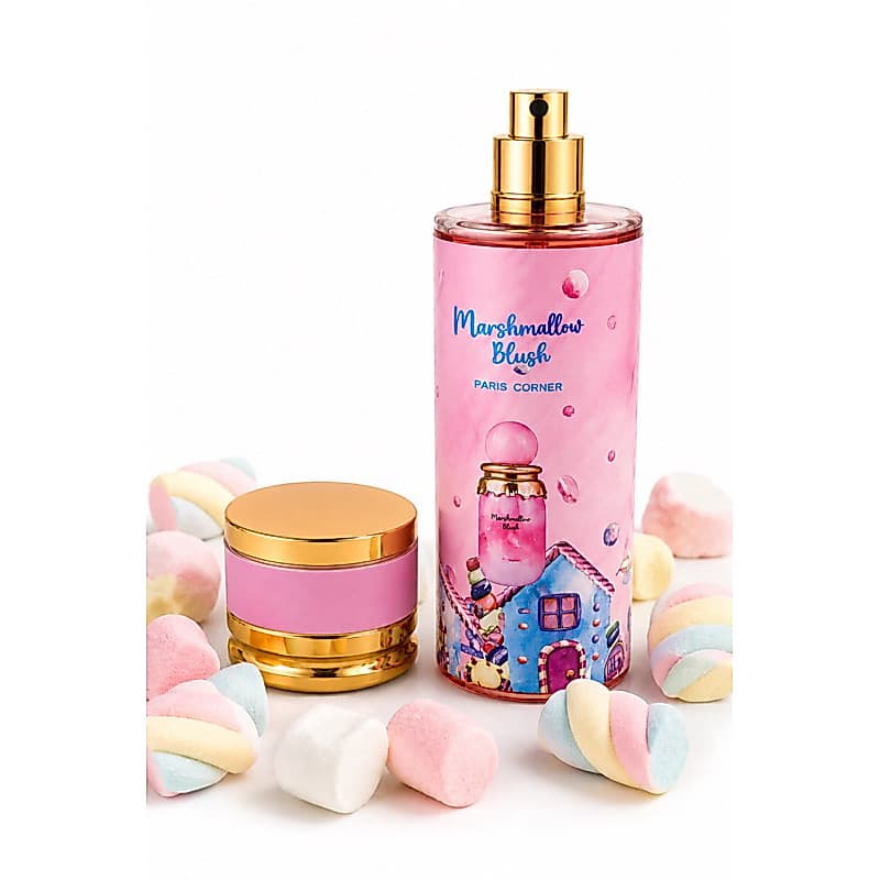 Body Splash Marshmallow Blush Paris Corner. Fragrância doce, feminina e refrescante para uso diário.