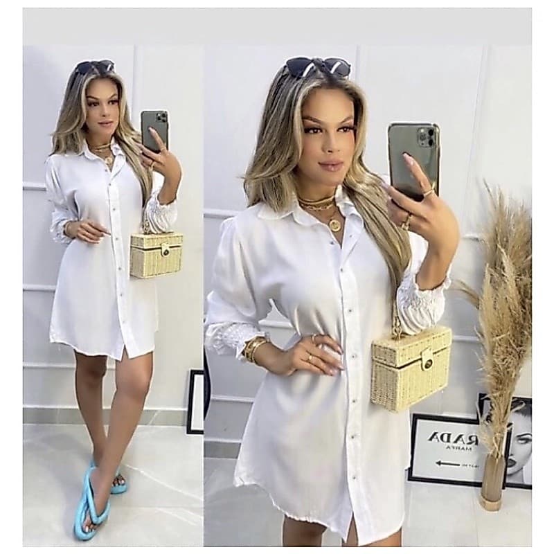 Vestido Camisa Chemise Com Punho Da Moda Blogueira