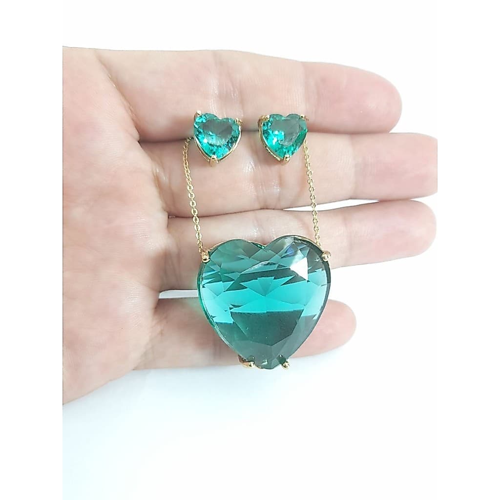 Conjunto Colar e Brinco Coração Grande Verde Festa Casamento Madrinha c2