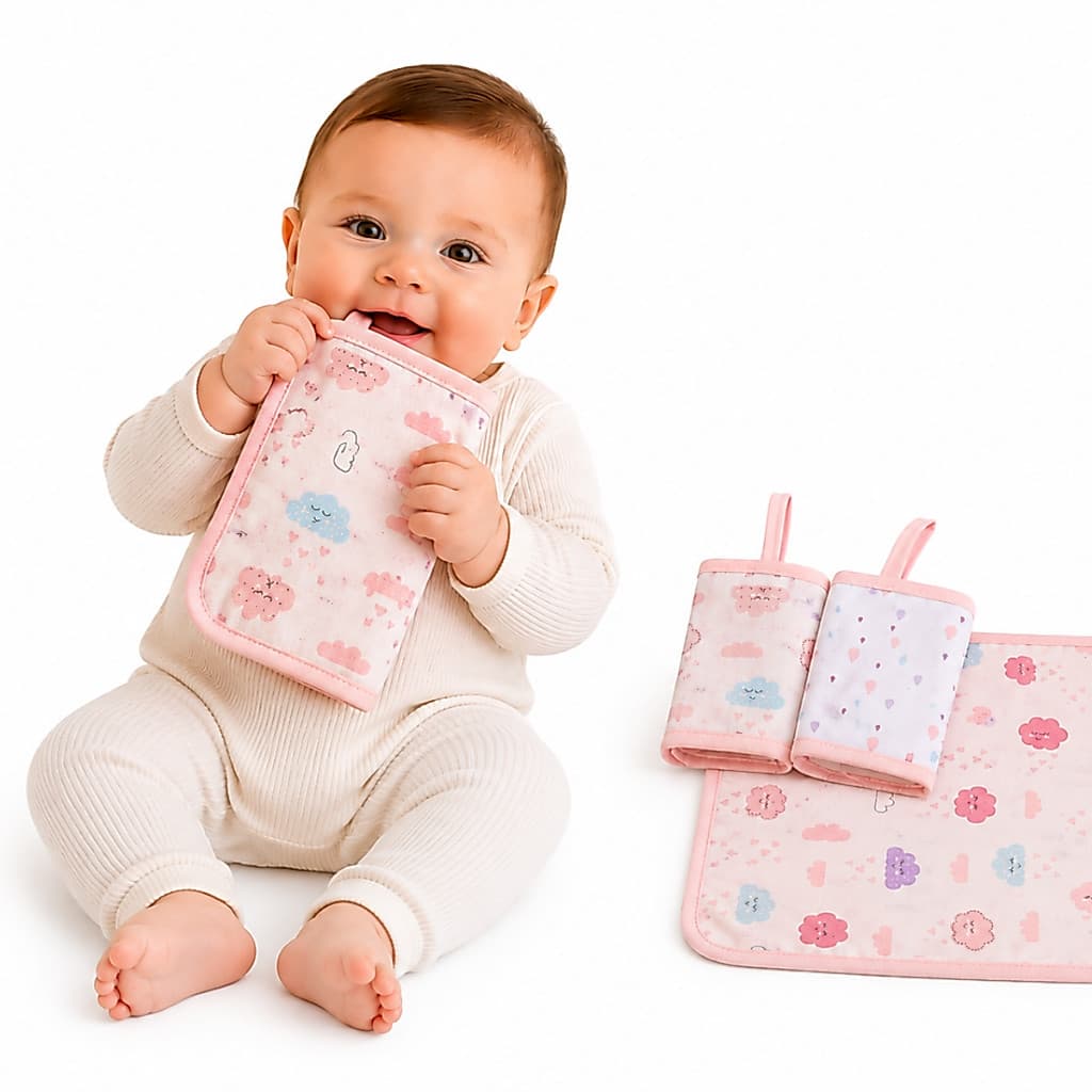 KIT PANINHO DE BOCA BEBE PAPI MALHAS COM PRENDEDOR DE CHUPETA ESTAMPADO 28cm x 28cm COM  03 UNIDADES