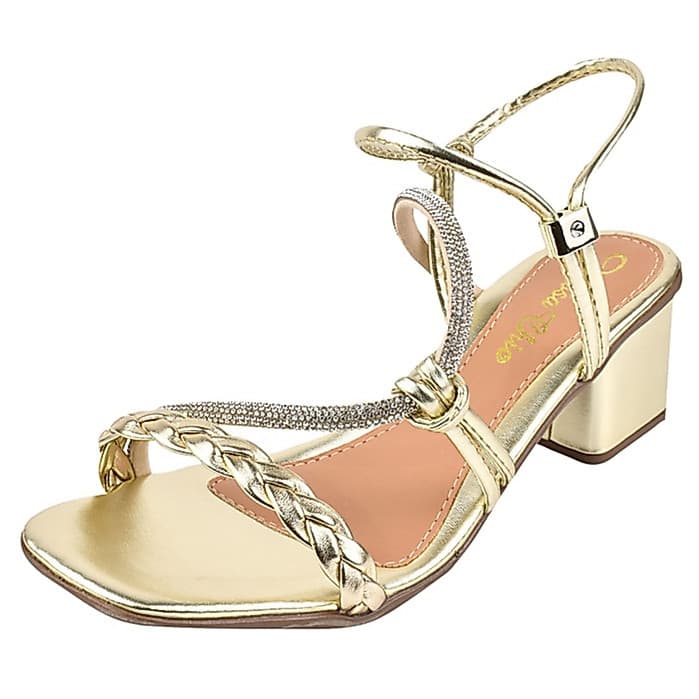 Sandália Salto Baixo Grosso 5cm Bloco Bico Quadrado Dourada Strass Brilho Moda Luxo Ajustável