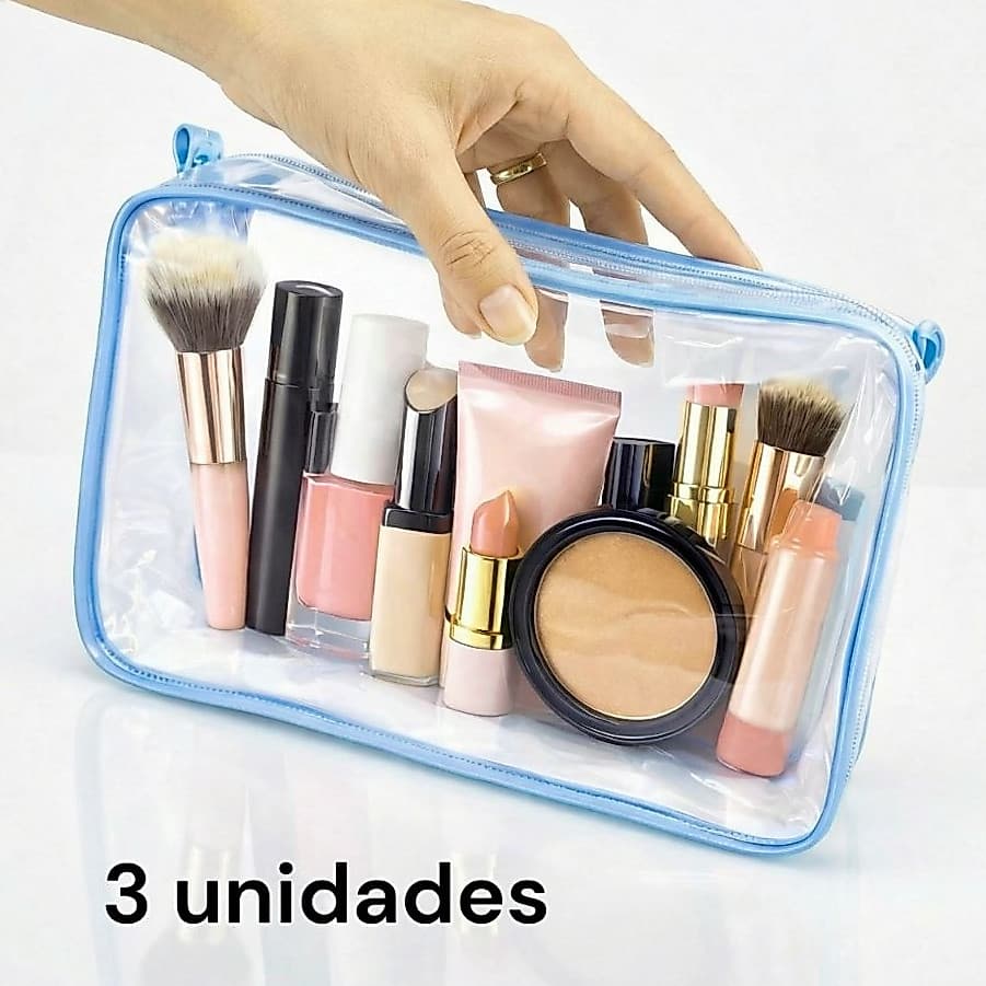 kit com 3 Necessaire transparente estilo cristal organizadora de maquiagem 23x15