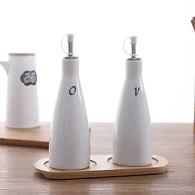 Kit Conjunto Jogo Porta Óleo Vinagre Galheteiro De Porcelana Cerâmica Branco Com Tampa Decor Cozinha Moderna
