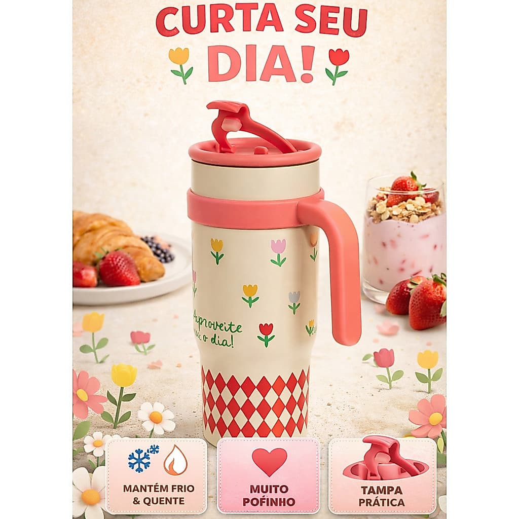 Copo Térmico 1200ml Inox Alça Flip Straw com canudo SEM LOGO  Super Qualidade