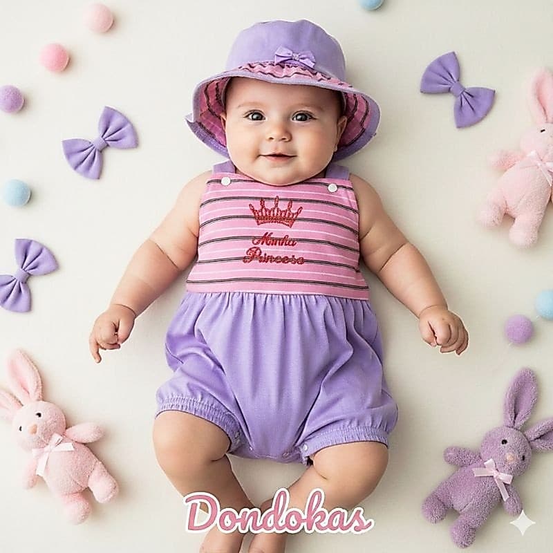 Conjunto Macacão com Chapéu Bebe Roupa de Bebe ate 4 Meses Jardineira Verão Confortável