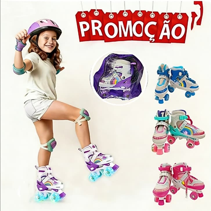 Patins Infantil 4 Rodas Com LUZ De LED Arco Íris Ajustável+Kit Proteção E Sem Kit Proteção