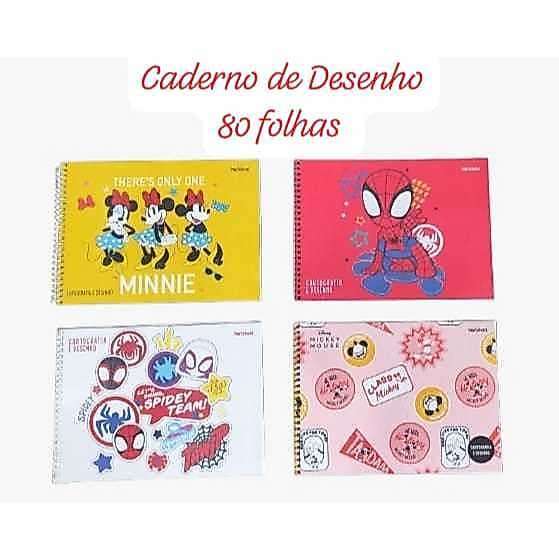 Caderno de Desenho Homem Aranha Princesas Minnie Capa Dura Jandaia Venda Volta As Aulas
