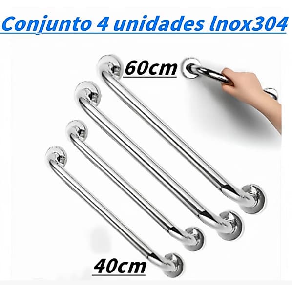 Barra Segurança Inox Banheiro: Kit 2 unidades 40cm ou kit 4 unidades (2×40cm+2×60cm), uso para idosos