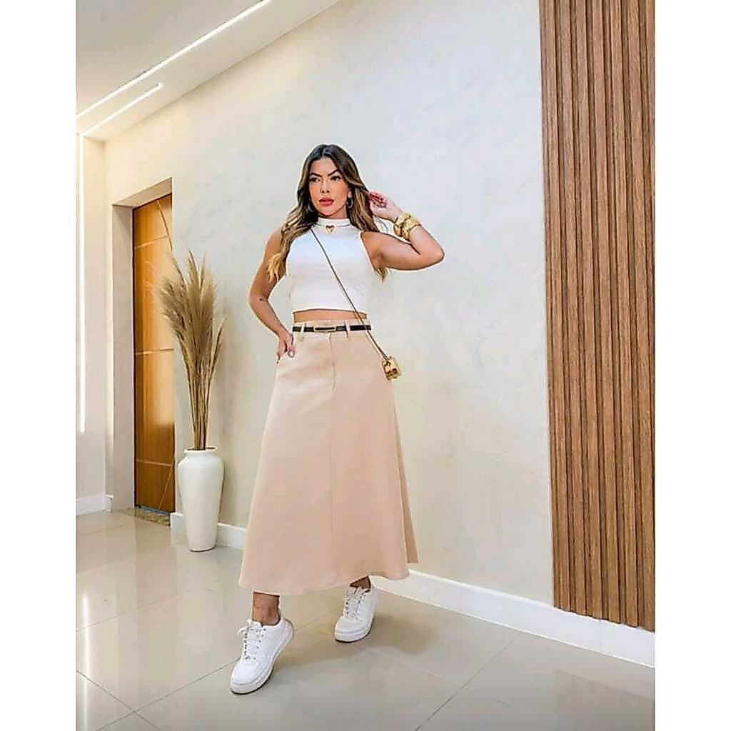 Saia Longa Feminina Alfaiataria Moda Evangélica Casual Básica Verão Cintura Alta Elegante Tendência