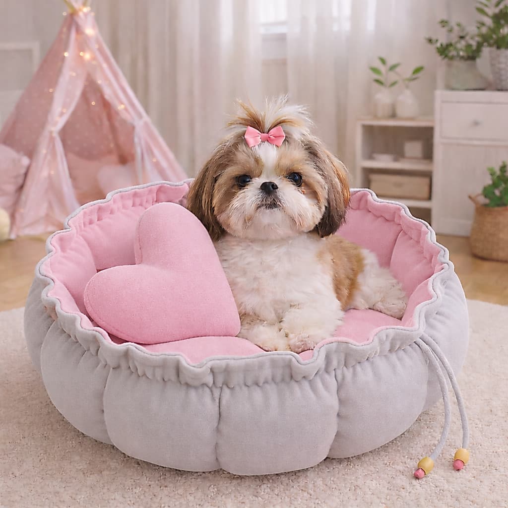 Caminha Redonda, com almofada de coração Rosa Cama Pet Londres Fresquinha Gato