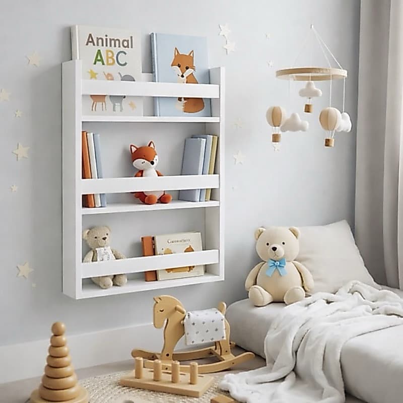 Porta Livro Infantil Expositor Estante Montessori Branco Quarto Brinquedoteca