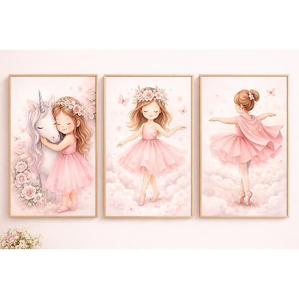 Quadros Decorativos 3 Peças Bailarina e Unicórnio Amor Menina Infantil Criança Rosa Casa Sala Quarto Decoração Hall