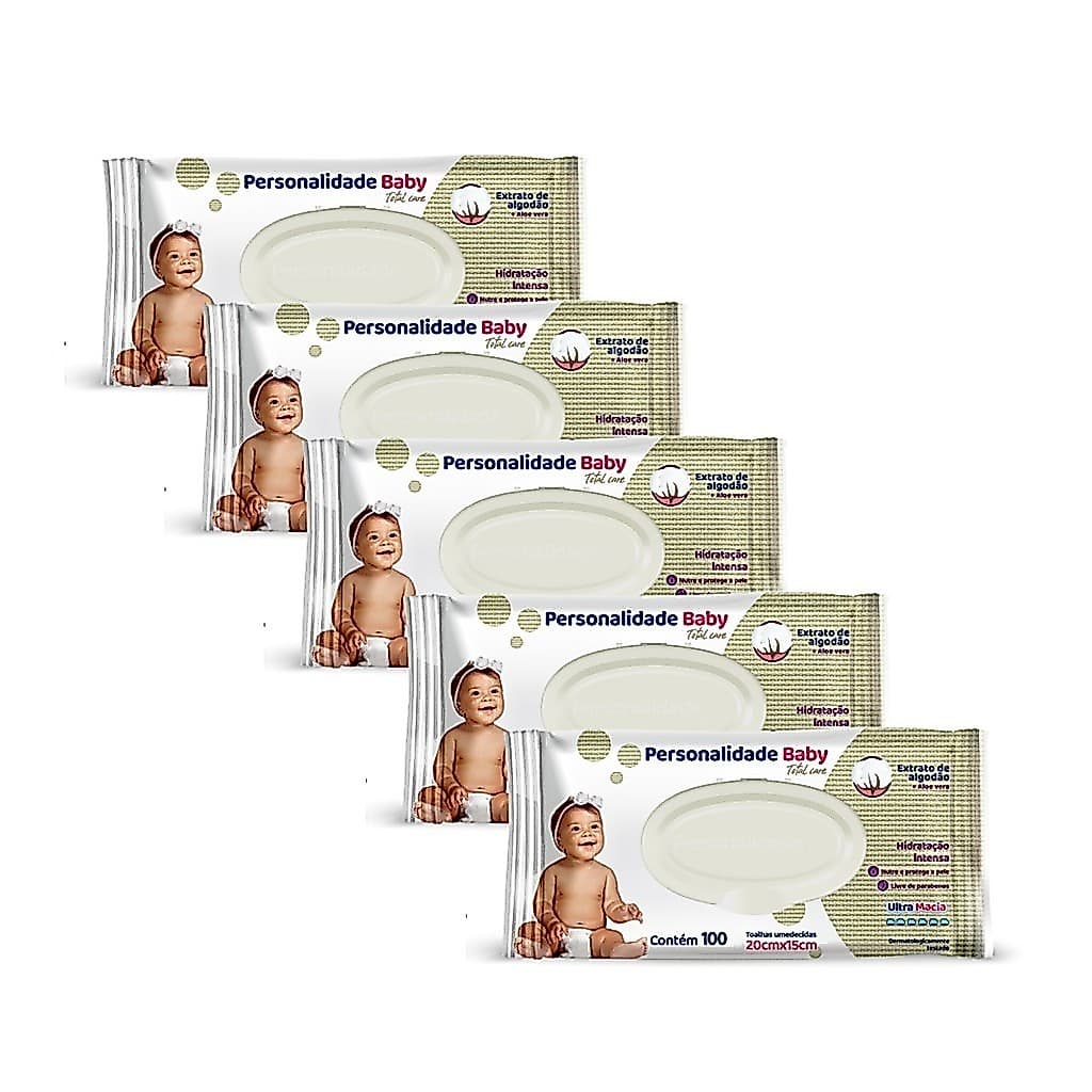 Kit 5 Pacotes Personalidade Baby 100 Toalha Umedecidas Cada - 500 total
