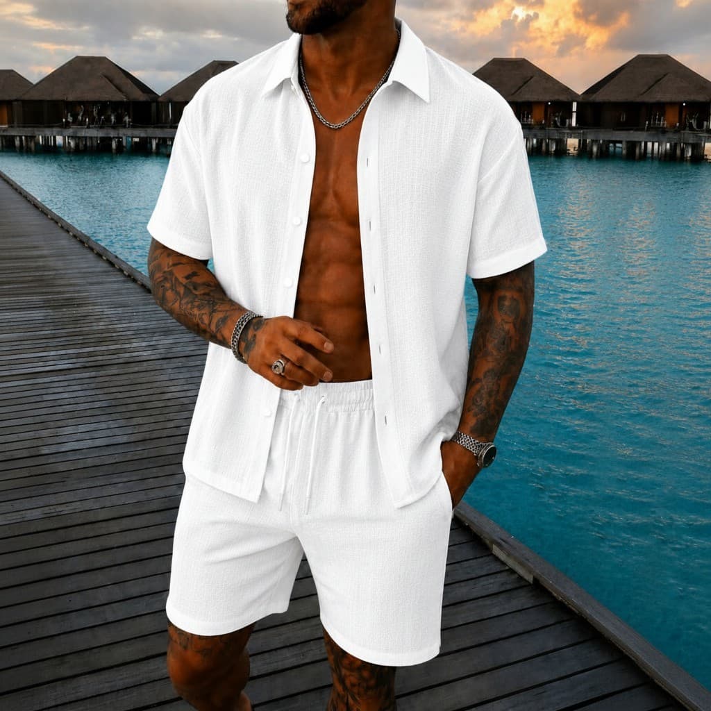 Conjunto Praia Masculino Em Viscolinho Com Camisa Lisa E Shorts Mauricinho Slim Fit