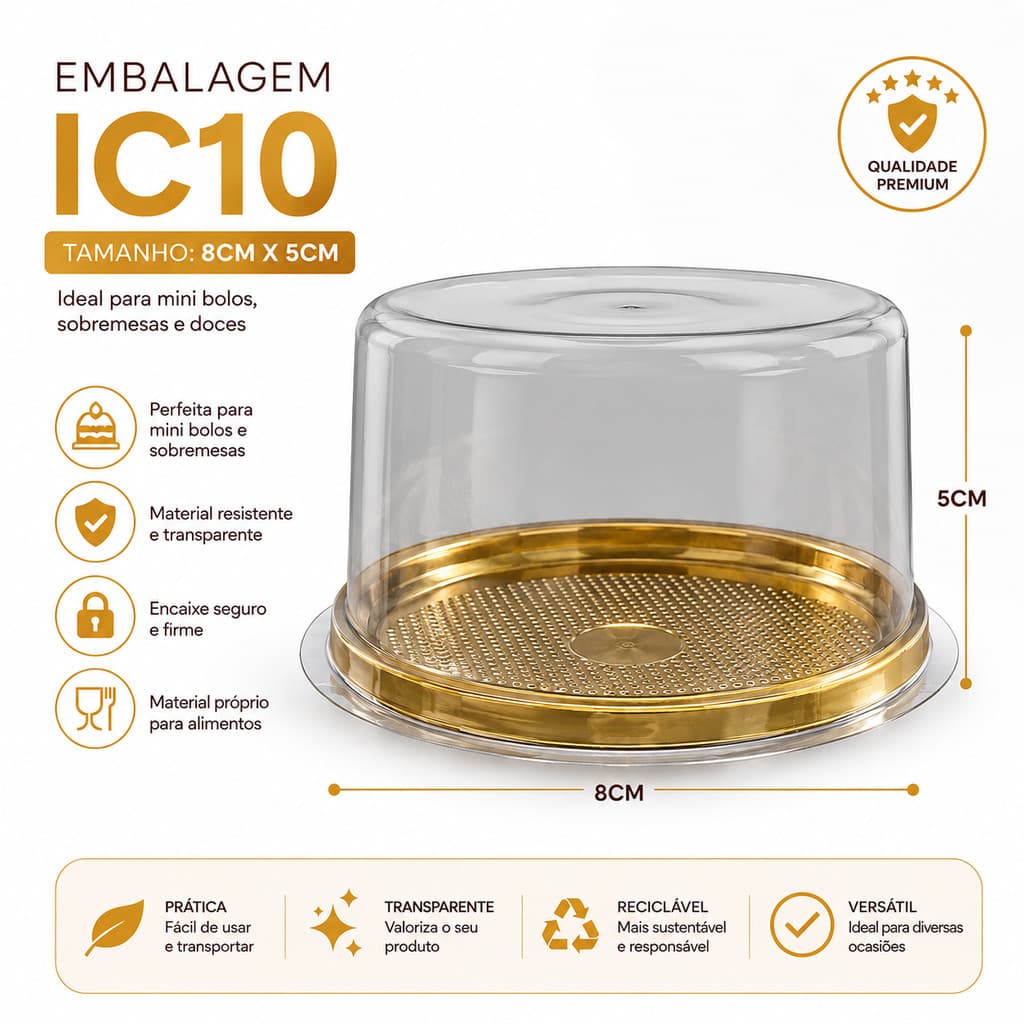 EMBALAGEM IC10 REDONDA DOURADA C/10 UNIDADES-TAMANHO 8X5 - MINI BOLO, BOLOS, DOCES, CUPCAKE DONUTSS