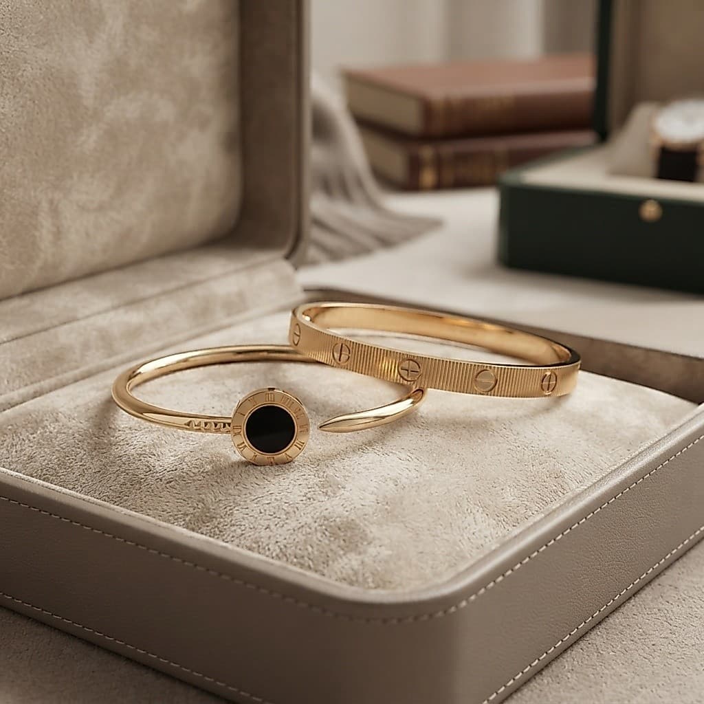 Bracelete Feminino Aço Inox Dourado Modelo Love Prego – Kit 2 Unidades, Design Moderno, Resistente à Água e