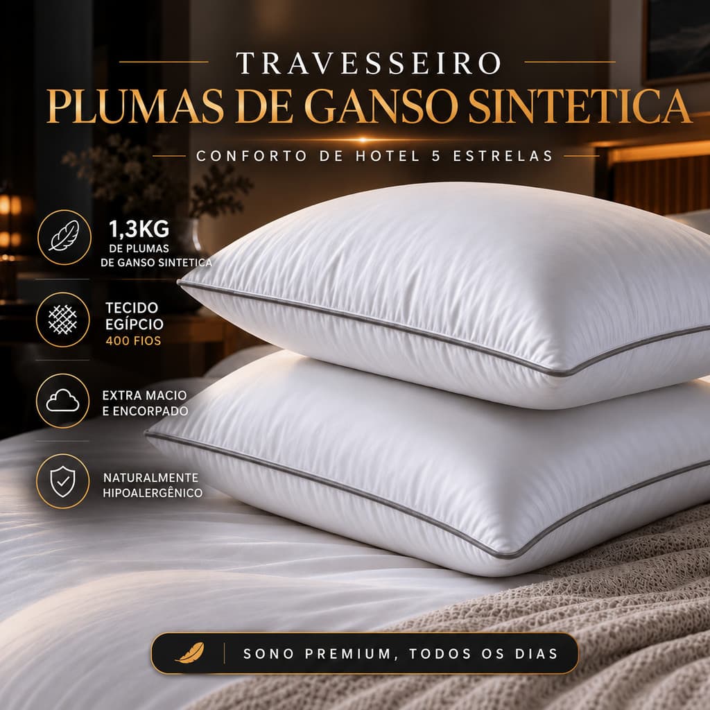 Travesseiro Pluma de Ganso 400 Fios Egípcio 1,3Kg Pluma Travesseiro Hotel 5 Estrelas Premium