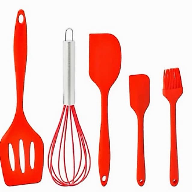 Kit 5 Utensílios de Cozinha Silicone Vermelho Espátulas Fouet Batedor Pincel Culinário