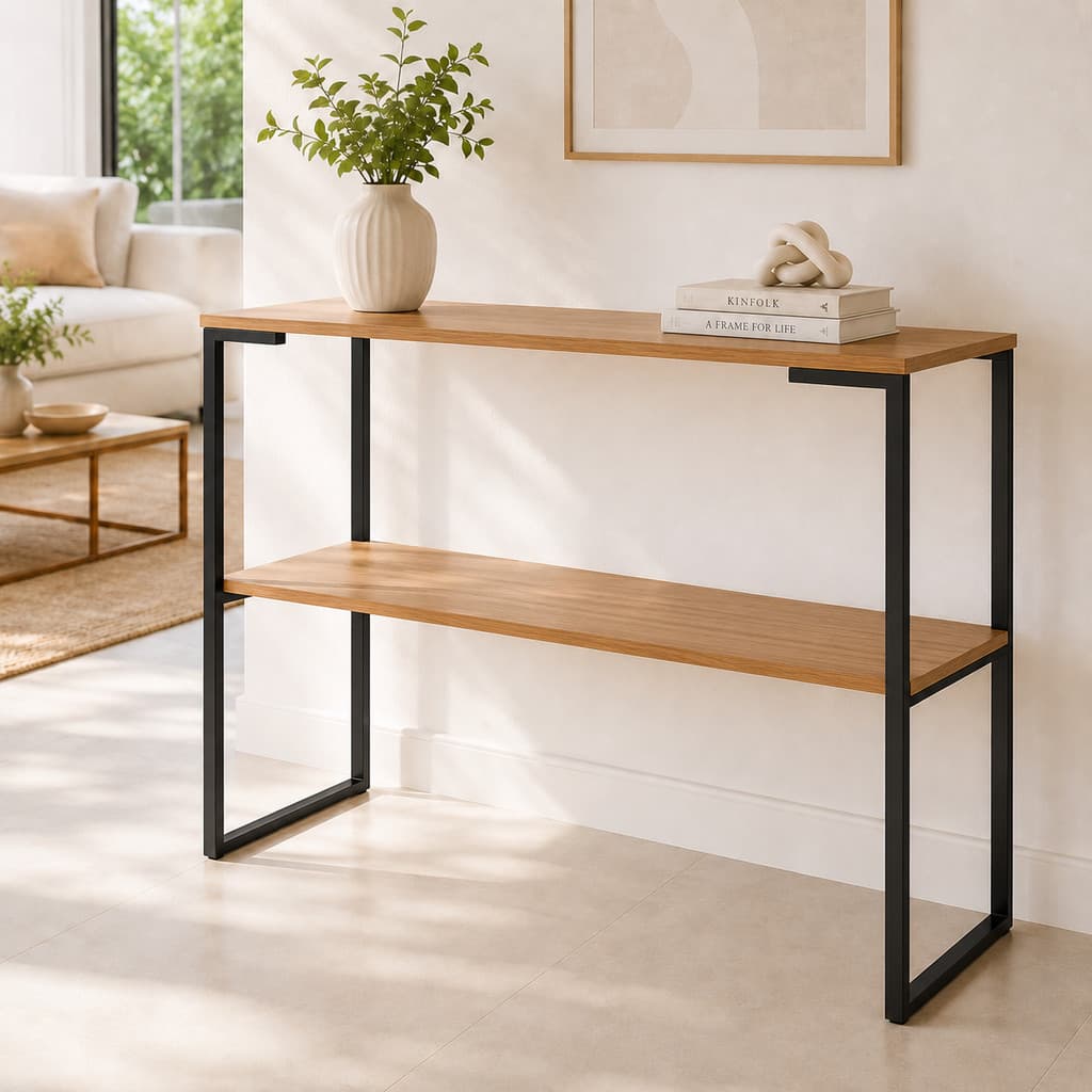 Aparador Industrial Mesa Console Decorativa com Prateleira Madeira e Metal para Sala, Hall de Entrada e Corredor