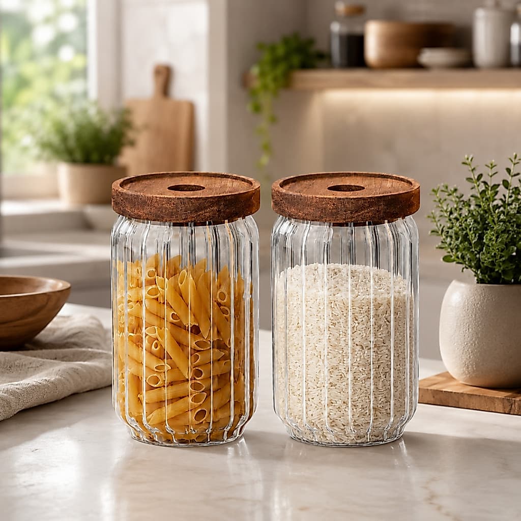 Kit Organizador de Cozinha com 2 Potes de Vidro 800ml Tampa Hermética Madeira Acácia Vedação Porta Mantimento