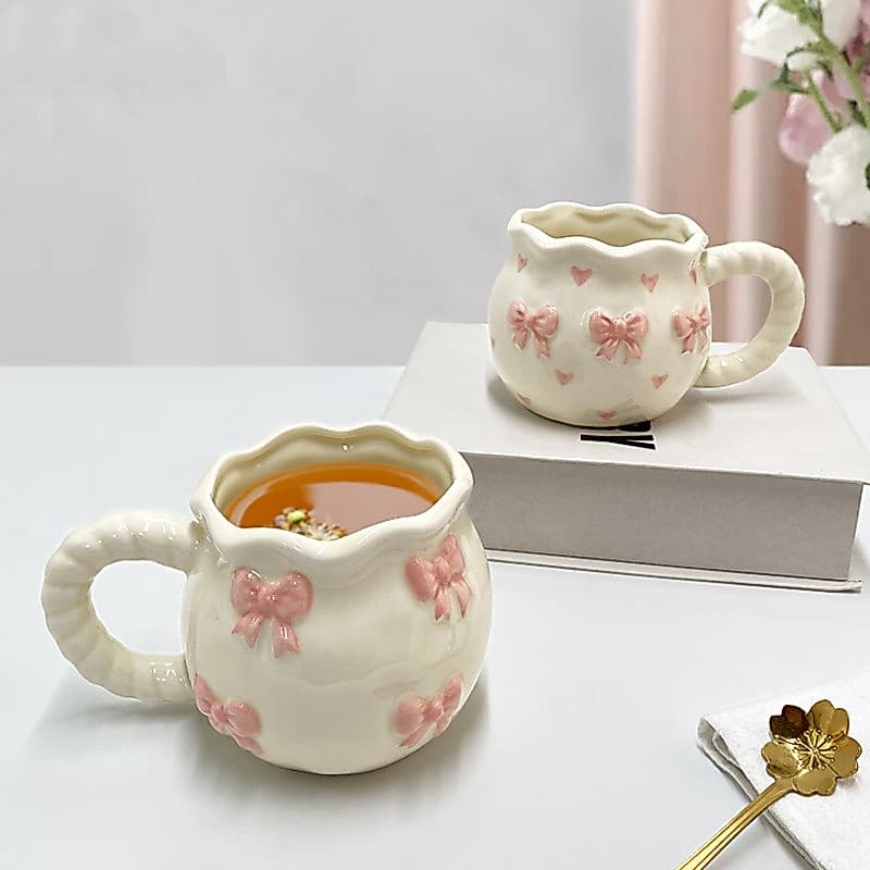 Caneca De Cerâmica Com Laço Artesanal Estilo INS , Xícara De Porcelana Branca Sólida Europeia Chá De Café Segura