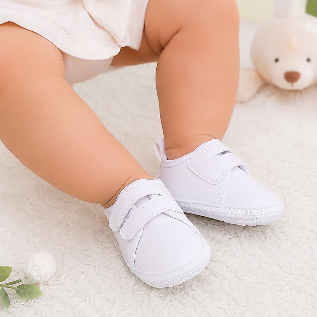 Tênis Bebê Branco Unissex Velcro Antiderrapante Macio Confortável Primeiros Passos