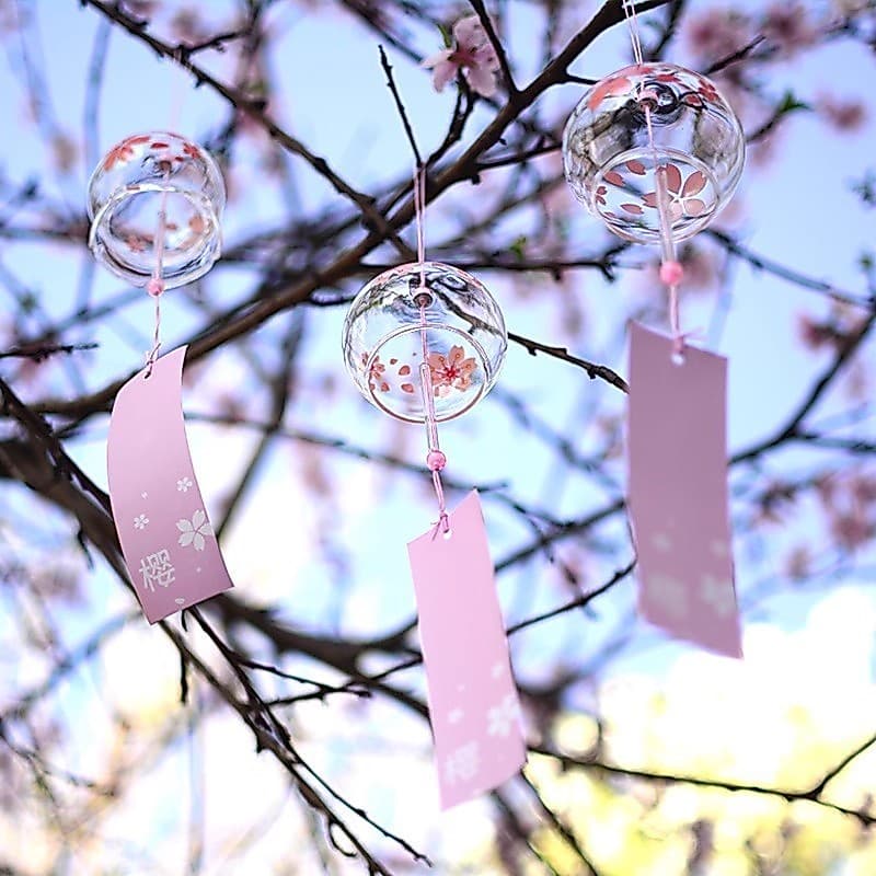 [Estoque pronto] Estilo japonês flor de cerejeira carrilhão de vento vidro feito à mão estilo japonês pingente de presen