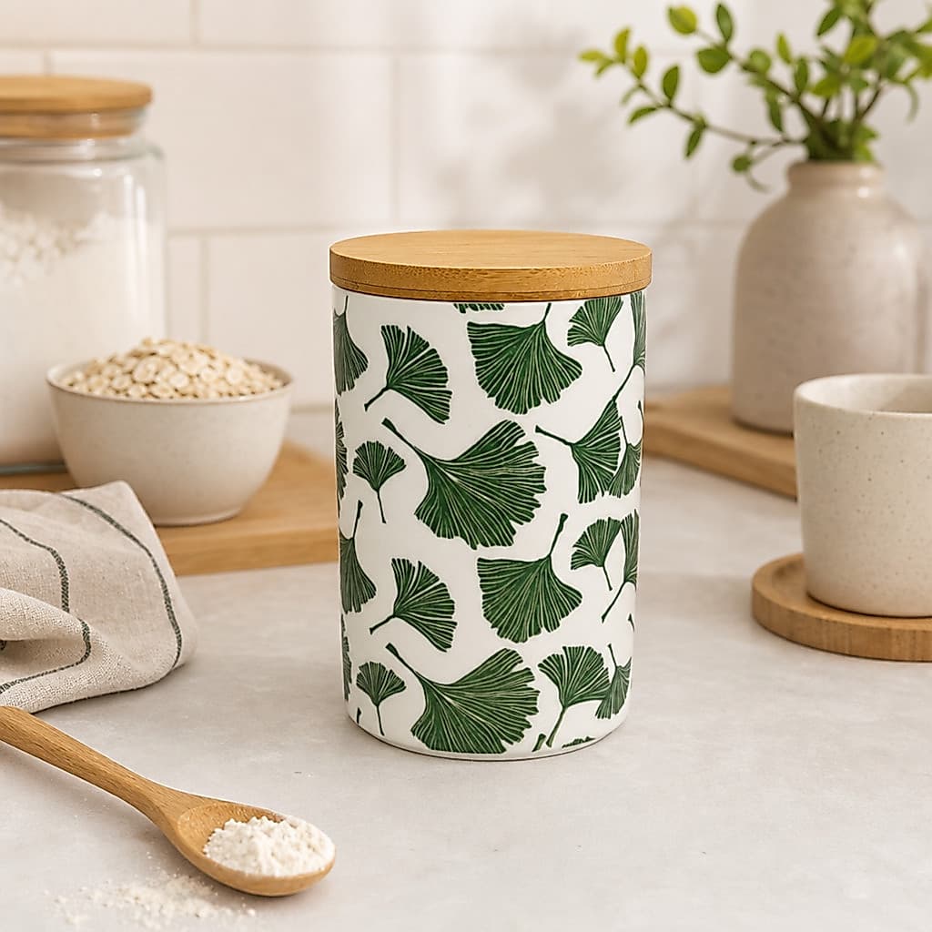 Pote Hermético Cerâmica Folhagem Organizador Cozinha 1250ml