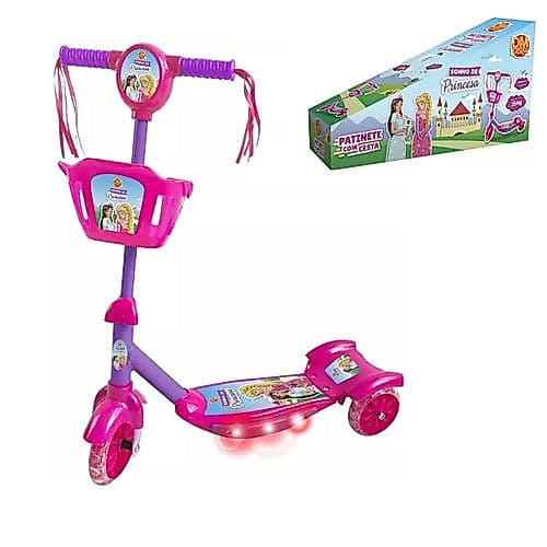 Patinete com Cesta Infantil 3 Rodas Menina Radical Sonho de Princesa com Luz e Som DM Toys DMR5621