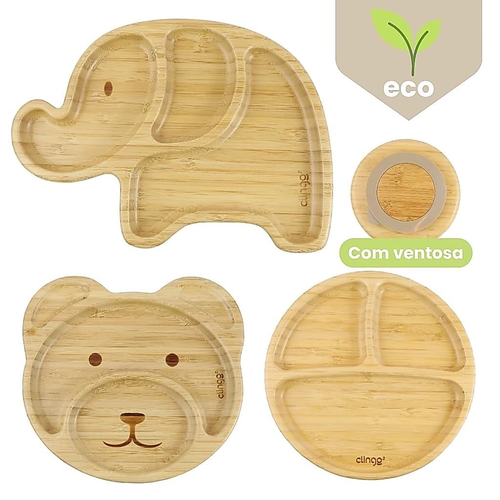 Pratinho Com Ventosa Prato Eco Bambu Infantil Com Divisória Prato Infantil Bebê Bamboo