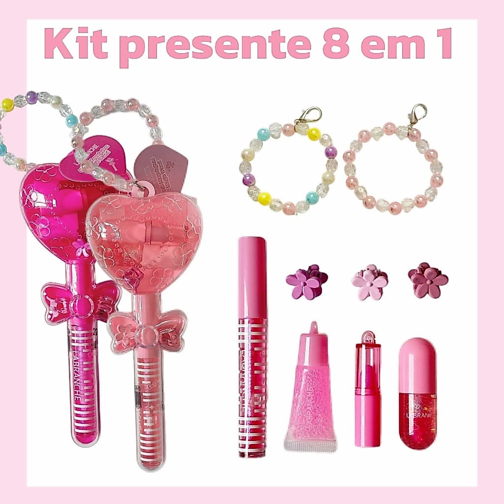 Kit de Maquiagem Lip Gloss + Presilha + Pulseira 8 em 1 LABRANCHE, Presentes de Natal/Feriado