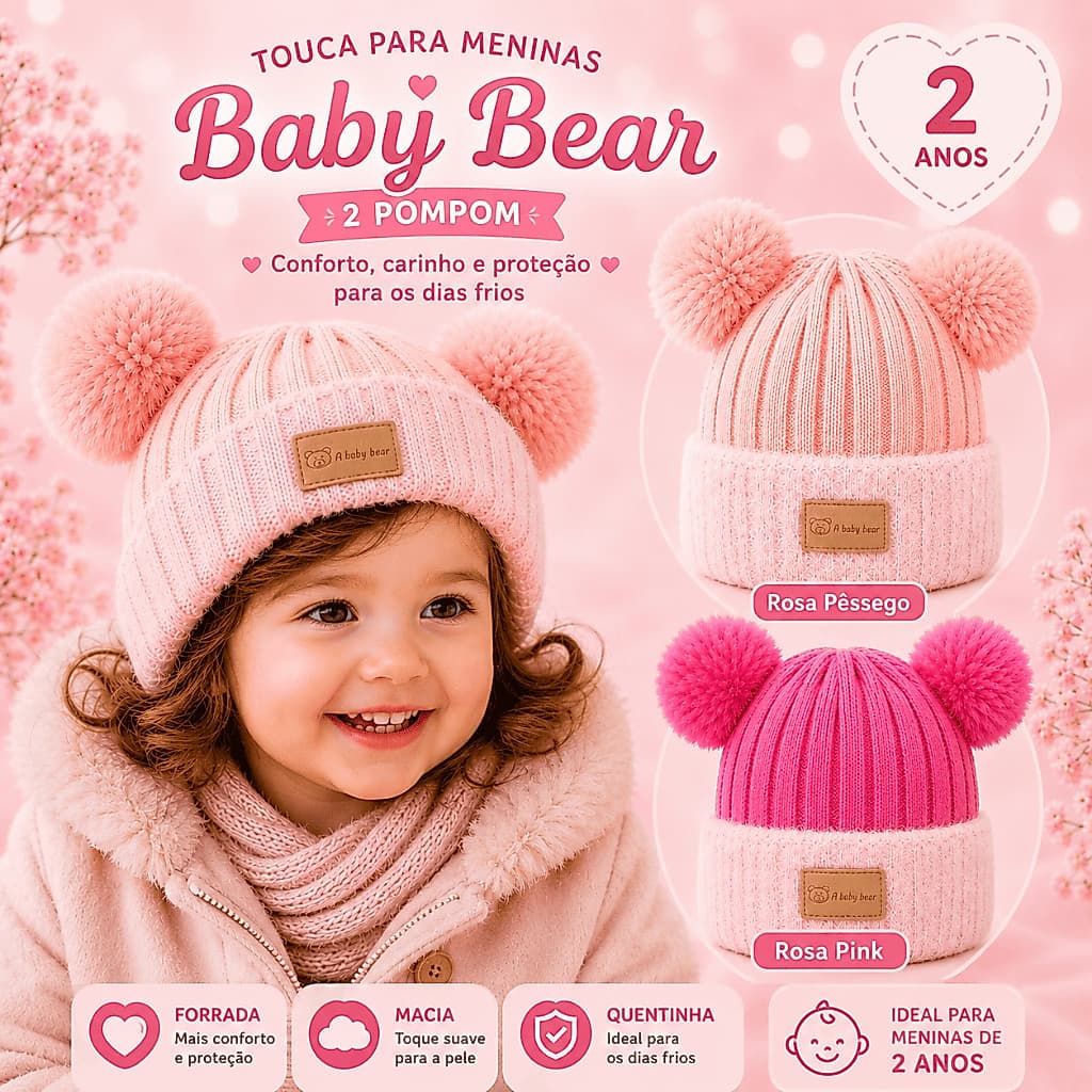 Touca Gorro Boina 2 Pompom Rosa Meninas Touca Inverno Forrada | Acessório Infantil Menina até 2 Anos PomPom Pelucia