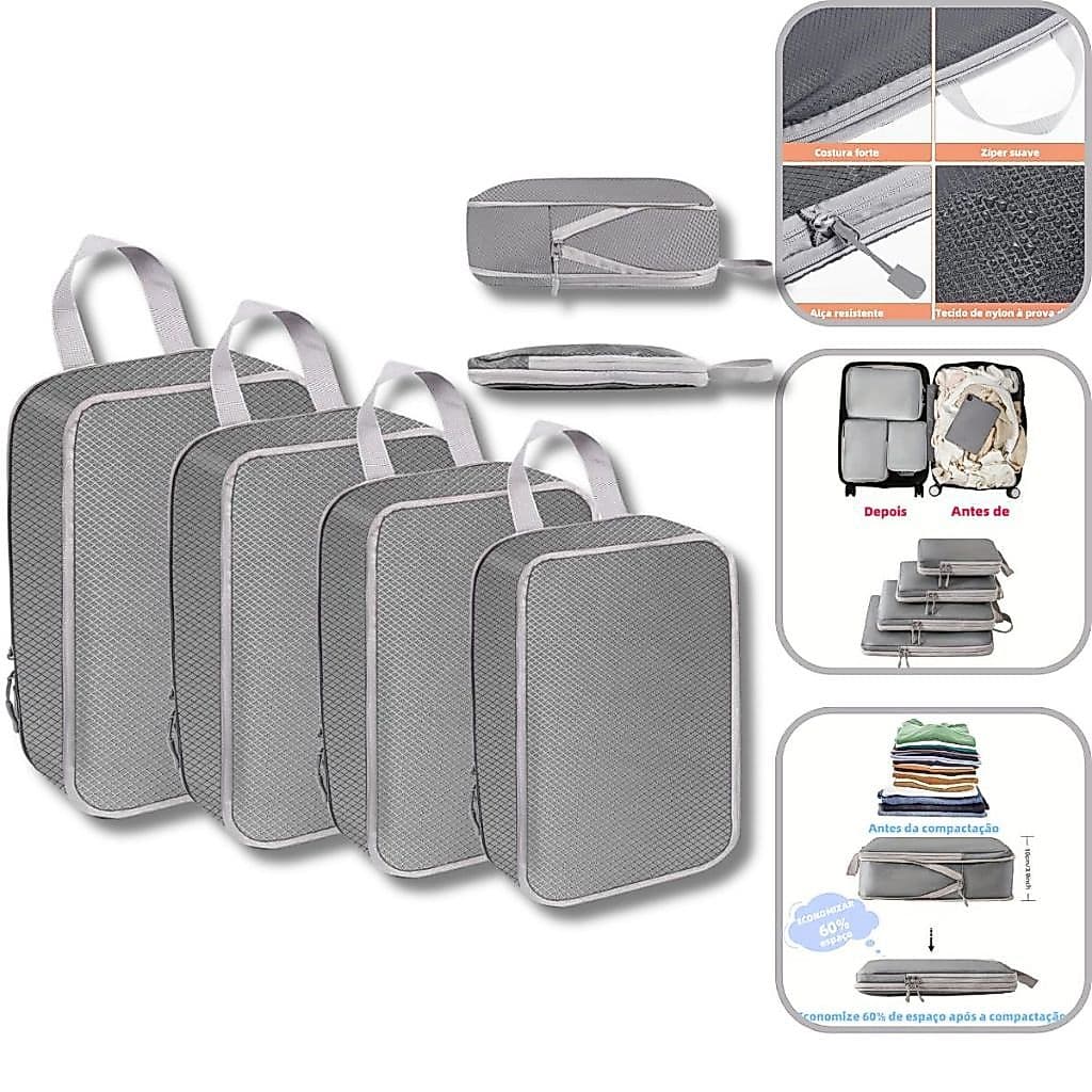 Conjunto de 4 organizadores de mala Roupas Viagens Bolsa Organização Waterproof Zip