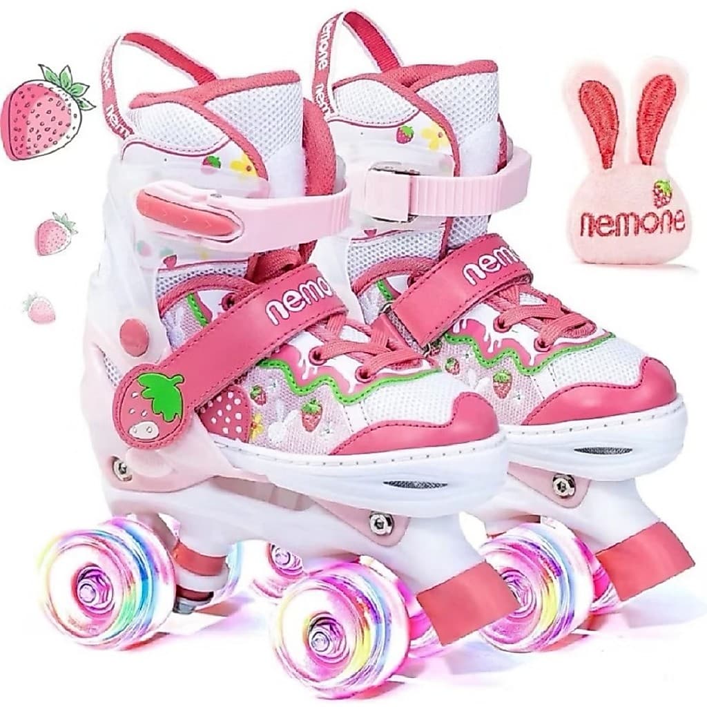 Patins Moranguinho Orelha De Coelho Quad Com Ajuste De Tamanho Rodas Com Led Mais Kit Proteção