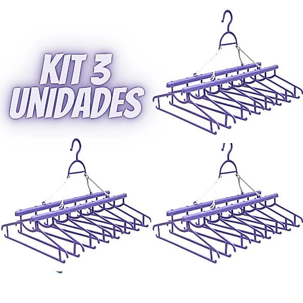 Kit com 3 Varais Cabideiros – 8 Cabides por Unidade, Espaço Extra e Roupas Sem Amassados, Prático e Funcional