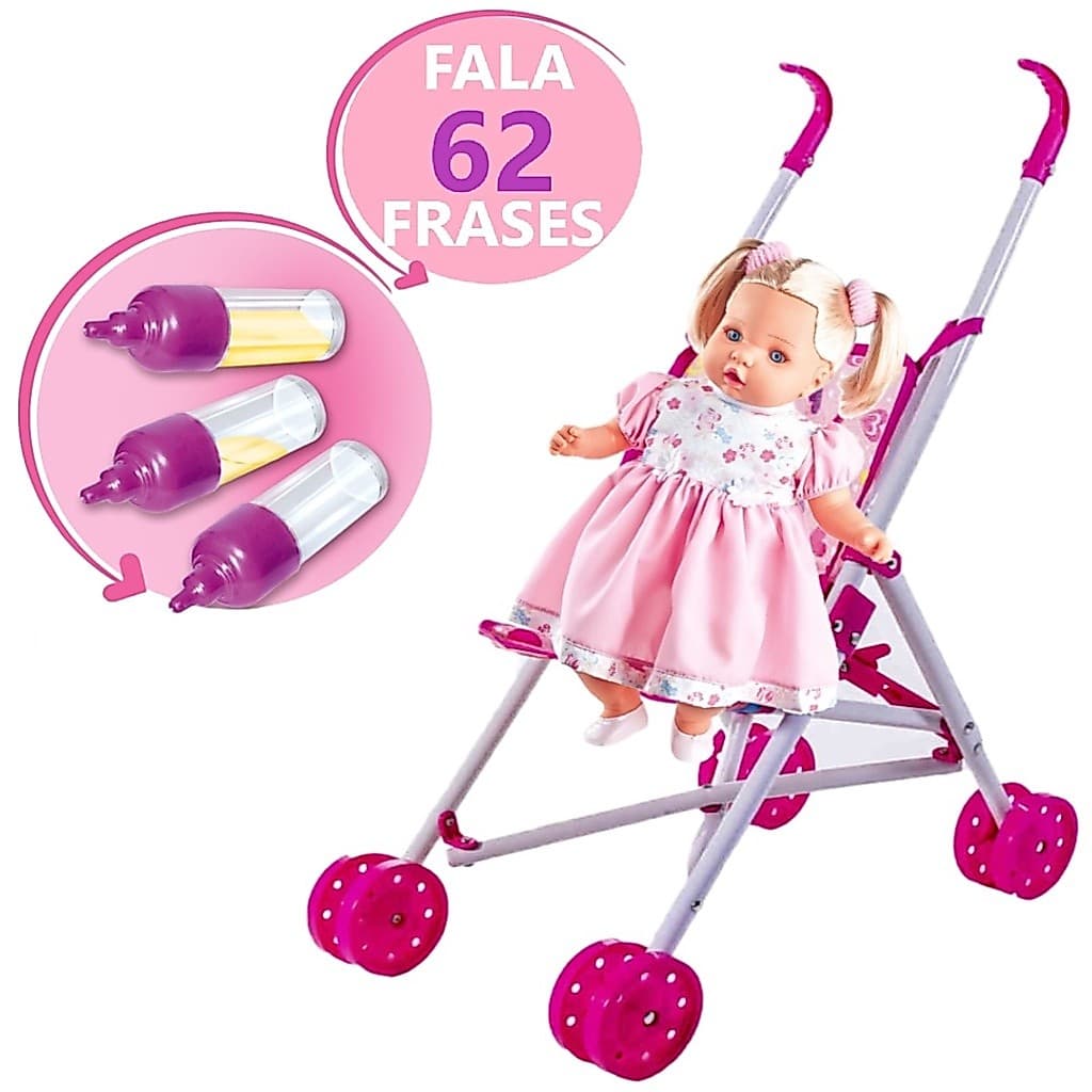 Kit Boneca Angelina Loira Fala 62 Frases + Carrinho Dobrável
