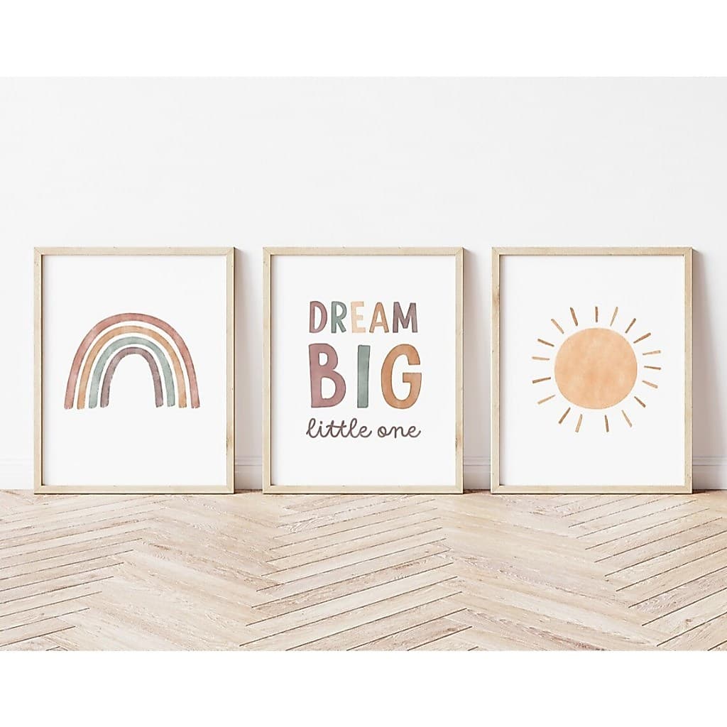 Kit 3 Quadros Decorativos Arco-Íris Sol Boho Dream Big Neutro Clean Infantil com Moldura Quarto Bebê
