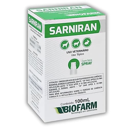 Biofarm Sarniran 100mL Solução em Spray Para Controle de Sarna e Infecções Cutâneas em Cães e Gatos