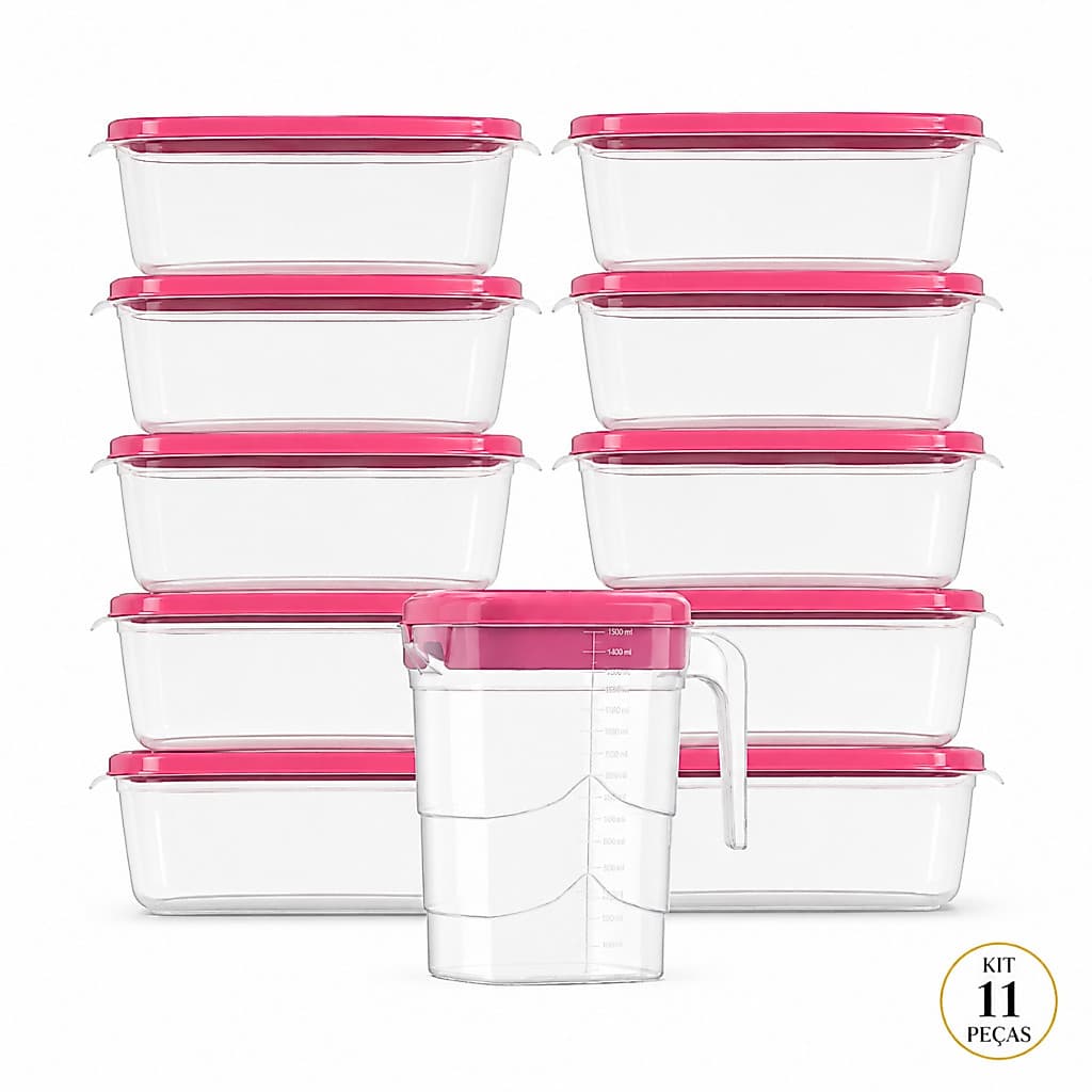 Kit 11 Peças - 10 Potes 1500ml + Jarra Medidora 1,5L BPA Free Organizador Cozinha