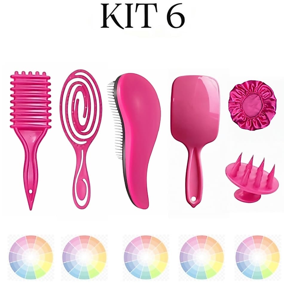Kit 6 Escovas Cabelo Flex Raquete Fashion Onda Escova Mágica Massageador Silicone Touca CETIM
