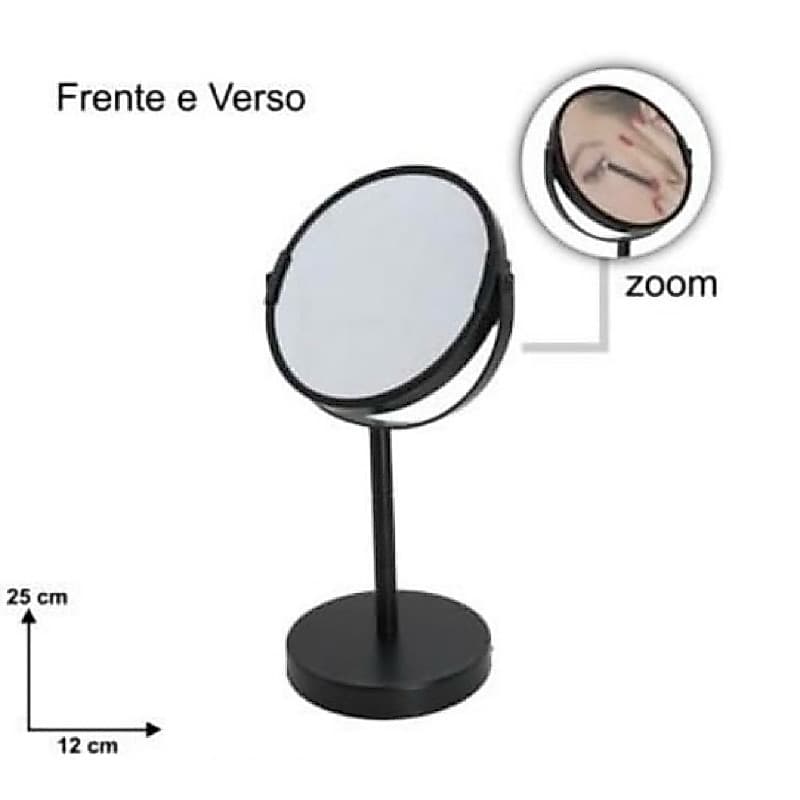 Espelho de Mesa formato Oval ou Redondo 5" de Metal ideal para maquiagem, possui 2 faces, dim: 12cm diâm. e 25cm altura.