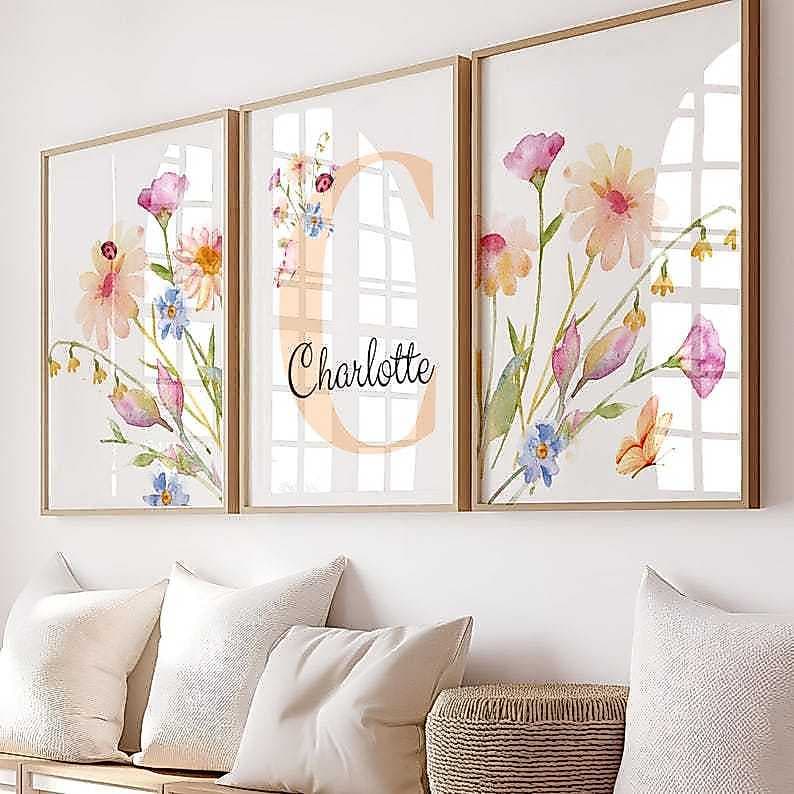 Kit 3 Quadros Decorativos Flores com Moldura Personalizado com Nome Quarto Menina Bebê Maternidade