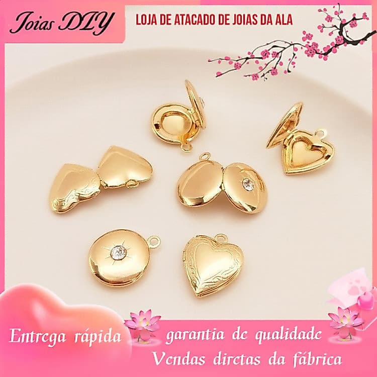 14K banhado a ouro retenção de cor incrustada zircão caixa de foto redonda pêssego coração moldura de foto pingente DIY