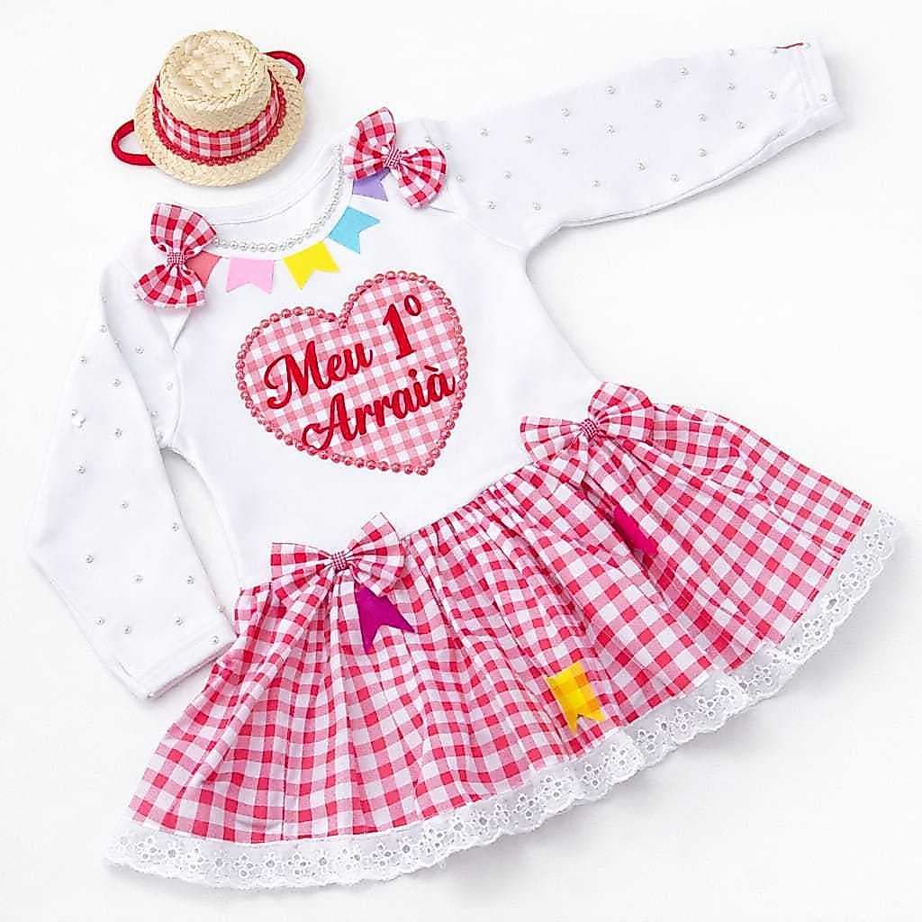 Vestido Festa Junina Infantil Luxo Bebê Menina Personalizado São João Roupa Caipira Meu Primeiro Arraiá Julino