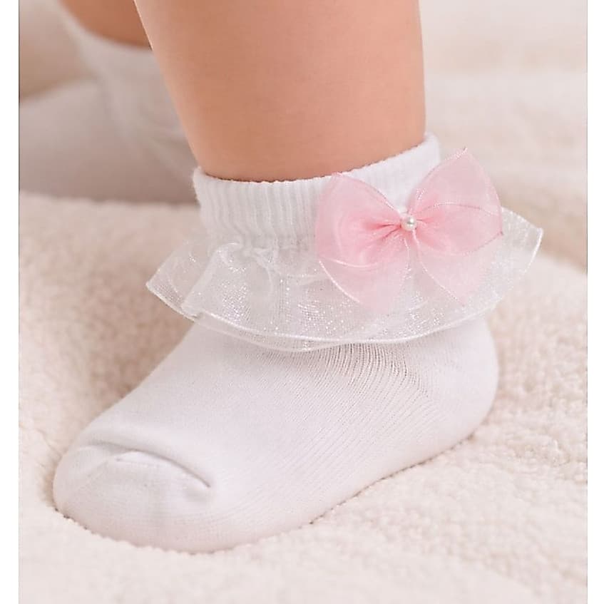 Meia Bebê Renda Tule Laço Pérola Infantil Delicada Princesa Batizado