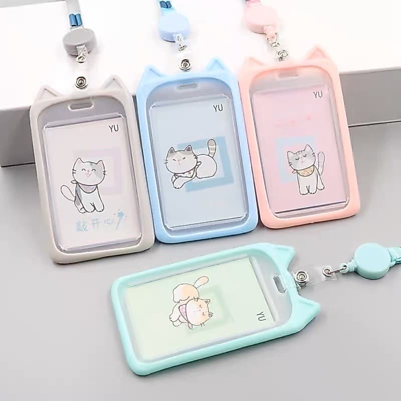 Porta cartão crachá com cordão Orelha de Gato e Urso Suporte de plástico para cartão retrátil